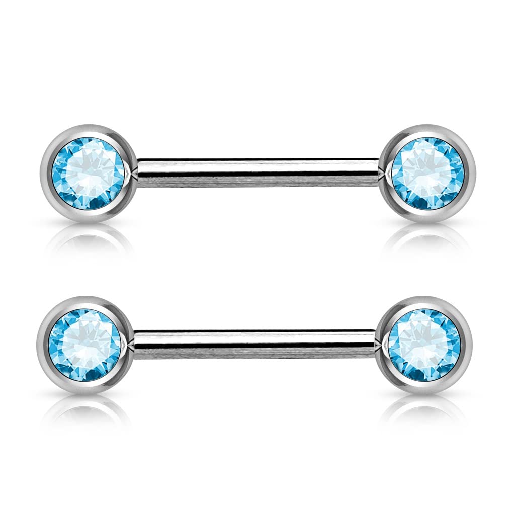 PiercedOff 316L Surgical Steel Nipple Bar with Forward Facing Aqua CZ Gem Balls - Thickness 14GA (1.6mm) / Length 16mm / Ball Sizes 6mm - Sold as a Pack of 2 Nipple Bars