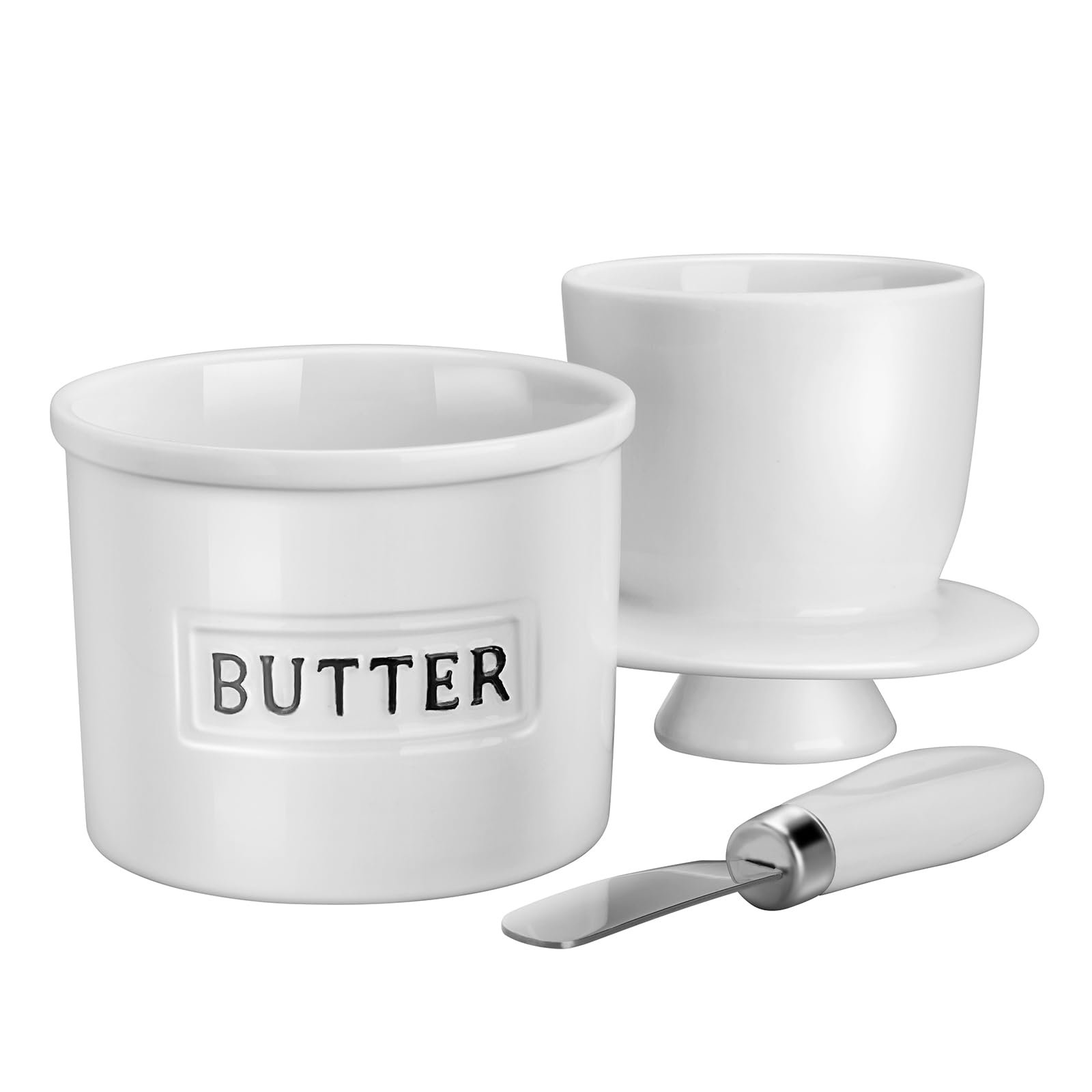 JSHKY French Butter Crock with Spreader, The Original Porcelain Butter Dish for Counter, Gift for Mother’s Day, Thanksgiving, Christmas, Color: White.