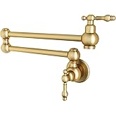 Besdor Gold Pot Filler Faucet, Wall Mount Over Stove Faucet, Commercial Brass Pot Filler Brushed Gold, Double Joint Swing Arms, Single Hole Two Handles Folding Kitchen Faucet