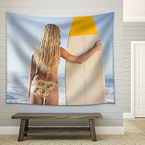 Gorgeous Blonde Surfer in Bikini Holding Her Board on a Sunny Day - Fabric Wall Tapestry Home Decor - 51x60 inches