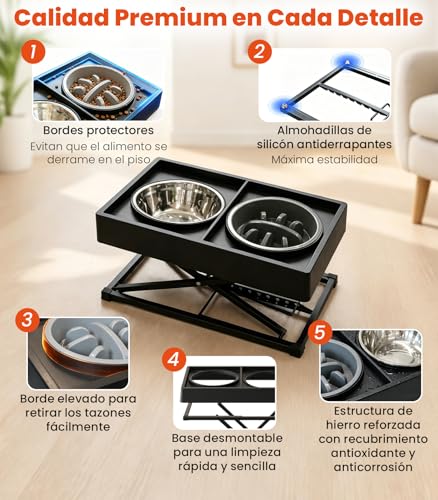 Comedero para Perro Grande de Hierro Macizo Ajustable 9 Alturas(8-44cm), Plato para Perro Plegable y Desmontable, Comedero Elevado para Perro con Platos de Acero y Plato Lento,Plato Elevado para Perro