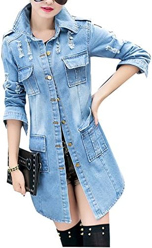 Evesymil Women Casual Denim Long Sleeve Button Down Jacket Coat Outwear Blue Large