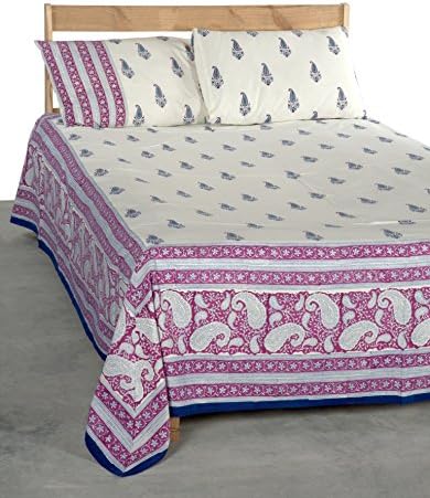 Ornamental Paisley Purple &amp; Teal Color Double Bed Sheet with Matching Pillow Covers 100% Cotton By Ocean Home Store