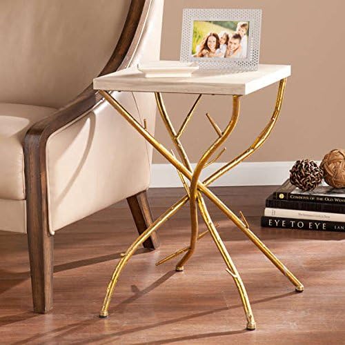 End Table Contemporary, Transitional Nichola Branch Romantic Accent Table. Golden Tree Branches, Glam Eclectic Style in White, Antique Gold Finish.(Assembled)