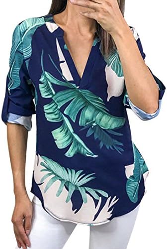 Vcenty Women Summer V Neck 3/4 Sleeve Palm Leaf Print Shirt Tops Tee Tanks Camis