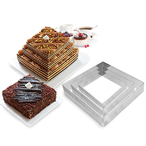 3 Tier Square Multilayer Anniversary Birthday Cake Baking Pans ,Stainless Steel 3 Sizes Rings Square Molding Mousse Cake Rings(Square-shape,Set of 3)