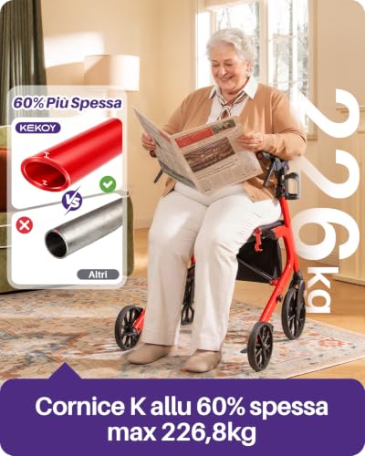 Kekoy Bariatrico Resistente Deambulatore per Anziani 4 Ruote, Pieghevole, 226 kg Portata, Sedile 50 cm Extra Largo, Ruote 25 cm Per Tutti I Terreni, Altezza Regolabile, Freni con Cavi Nascosti, Rosso
