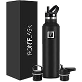IRON °FLASK Camping & Hiking Hydration Flask with Straw, BPA-Free Insulated Stainless Steel Sports Water Bottle - 24 oz Midnight Black