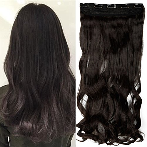 17 Inch/43CM One Piece Clip In Hair Extensions 5 Clips Hairpieces Wavy Synthetic For Women Ladies [Curly, Dark Brown]