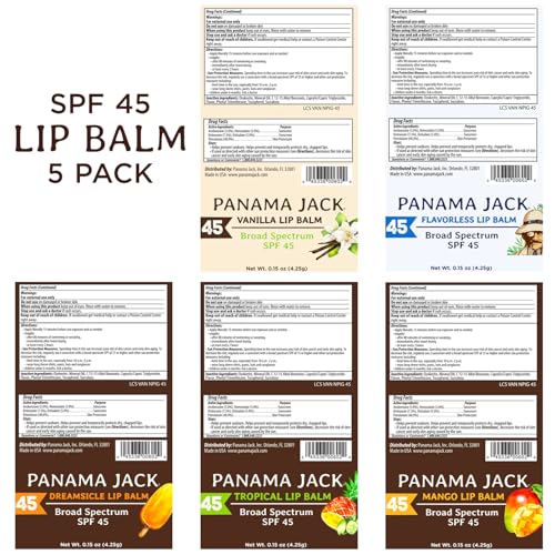 Panama Jack Sunscreen Lip Balm - SPF 45, Flavor Pack, Broad Spectrum UVA-UVB Sunscreen Protection, Prevents & Soothes Dry, Chapped Lips (Dreamsicle/Vanilla/Tropical/Mango)