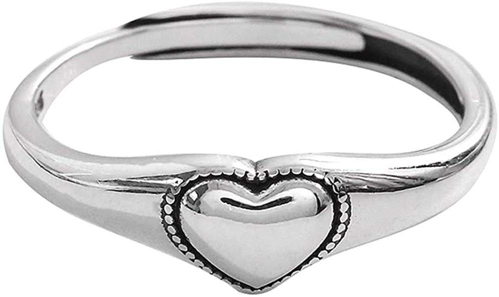 Vintage S925 Sterling Silver Heart Ring for Women Girls Dainty Engagement Promise Love Expandable Open Finger Statement Stackable Rings Fashion Valentine's Day, Silver