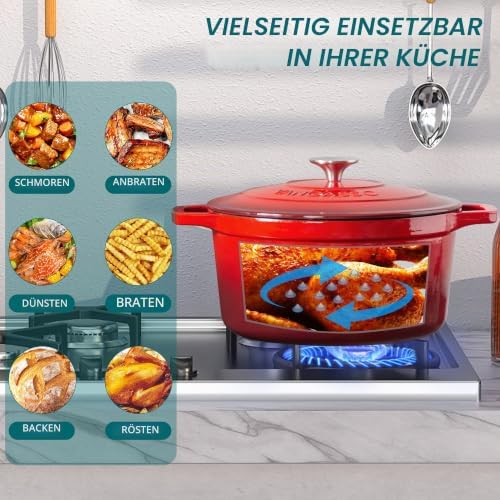 Brottopf zum Backen Gusseisen Topf, 5L Ø 26cm Emaillierte Beschichtung,Gusseiserner Brottopf zum Backen, Kasserolle, Gussbräter für Alle Herdarten und Induktion Geeignet,Rund,Rot,5L