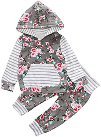 VEKDONE Baby Girls Long Sleeve Flowers Hoodie Tops and Pants Outfit with Kangaroo Pocket Headband