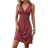 VKEGNIO Twist Front V Neck Ruffle Sleeveless Dress for Women Sexy Elegant Club Party Tunic Dress Casual Vacation Mini Dresses