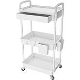 3 Tier Rolling Utility Cart with Drawer,REBECAT Utility Cart Made of Multifunctional Storage Organizer Tool for Kitchen,Bathroom,Living Room,Office(White)