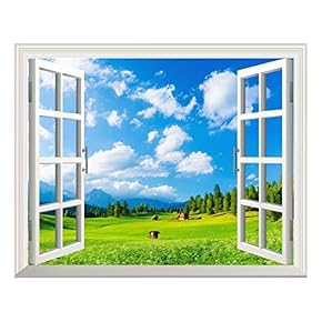 Removable Wall Sticker/Wall Mural - Blue Sky and Green Grass Out of The Open Window Creative Wall Decor - 24"x32"