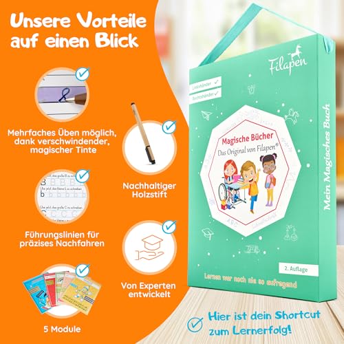 Filapen Magic Preschool Books from 4 Years - 5 Exercise Books + Pen (Reusable) - Learn to Write & Calculate, Practice Letters & Numbers - For Left-Handed and Right-Handed Users