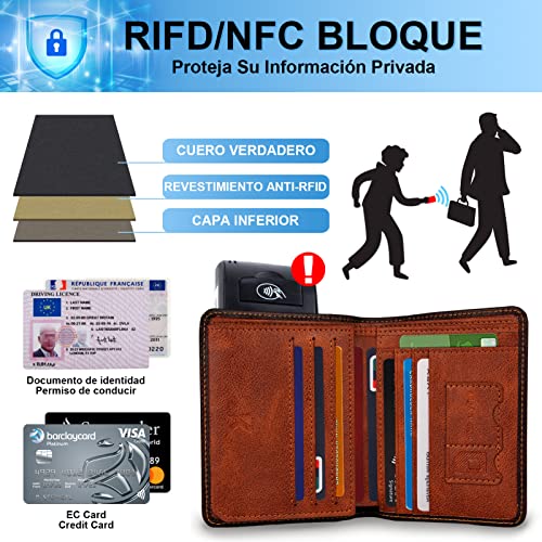 Portefeuille Homme, Kaisangtu Porte Carte De Credit en Cuir Véritable Anti RFID/NFC 11 Emplacements pour Carte Crédit, 2 Compartiment à Billets Support de Carte d\'identité avec Boîte Cadeau (Brun)