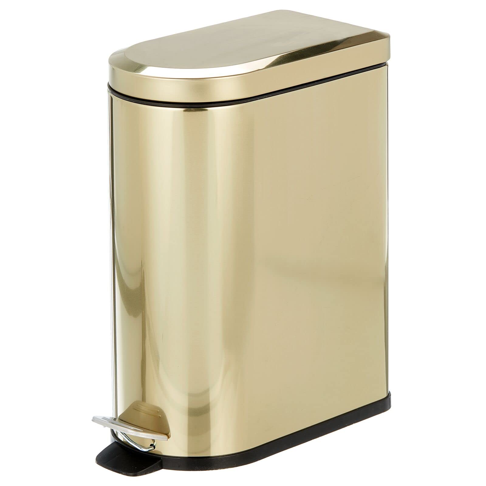 Photo 1 of mDesign Small 2.6 Gallon/10 Liter Stainless Steel Metal Step Trash Can Garbage Bin for Bathroom, Bedroom, Office, D-Shape Trashcan with Foot Pedal/Lid, Removable Liner Bucket with Handles, Soft Brass