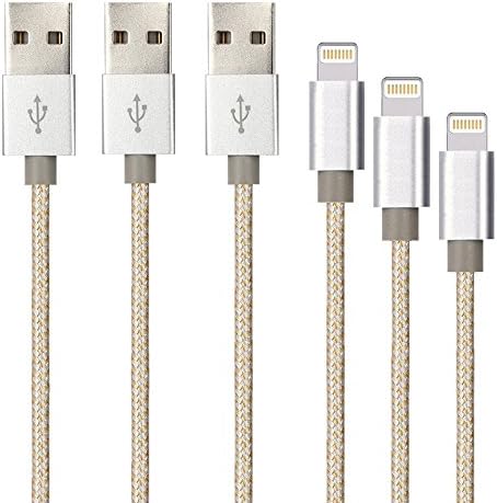 iPhone Charger, 3-Pack 3Ft 6Ft 10Ft Mingu, Nylon Braided Cord Lightning Cable to USB Charging Cable for iPhone 7 7 Plus 6s 6 5s 5c 5 SE, iPad Pro, Air, iPad mini 4 3 2, iPod Nano/Touch - Gold &amp; Silver