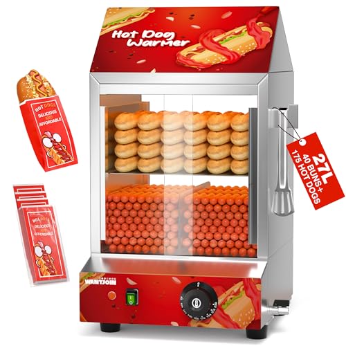 WantJoin Hot Dog Steamer - 28.8QT Commercial Electric Hot Dog Steamer with Bun Warmer, Glass Sliding Door Steaming Machine Adjustable Temperature for 175 Hot Dogs and 40 Buns Red