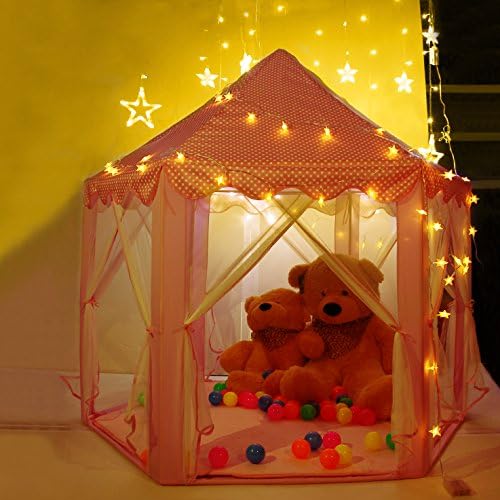 TargetEvo Princess Castle Tent with 25 Feet LED Star String Lights for Girls Boys Children Toddlers Indoor Outdoor Games 55"x 53"(DxH)