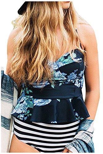 Smibra Womens Padded Push Up High Waist Bikini Leaf Print Skirt Top 2PCS Tankini Swimsuits Edition 2017