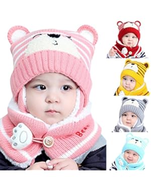 Baby Boy Girl Hair Ball Earbud Hat Child Print Knit Hats +Scarf