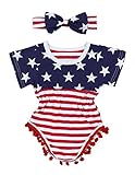 4th of July Toddler Baby Girl Romper American Flag Stars Stripes Pompom Tassel Balls + Headband