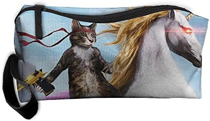 Funny Cute Cat Dressed As Rambo With Gun Riding A Glowing Red Eyes Fire Breathing Unicorn Zippered Pencil Case, Makeup Bag, Organizer Holder 3D Printed Travel Toiletry Bag