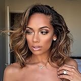 Wicca 180% Thick Ombre Short Curly Brown Lace Front Wigs Side Part Natural Curly Brazilian Human Hair Lace Front Wig With Baby Hair Pre Plucked (8inch 180%, Lace front wig)