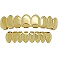 canjoyn 8 Teeth Grillz 18K Gold Top and Bottom Grills Set Shiny Hip Hop Teeth Grillz + Extra Molding Bars