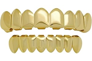 canjoyn 8 Teeth Grillz 18K Gold Top and Bottom Grills Set Shiny Hip Hop Teeth Grillz + Extra Molding Bars