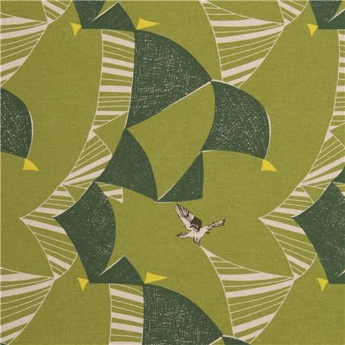 echino moss green canvas laminate fabric green triangle bird from Japan (per 0.5 yard multiples)