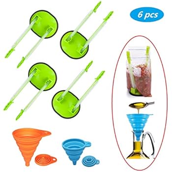 YIYATOO 4 pcs Baggy Rack and 2 pcs Folding Funnel, Clip Food Storage Bags Onto Holder, Best Opener for Freezer & Storage Baggie - Ideal Plastic Kitchen Gadget