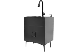 Liffshsy Laundry Sink Cabinet with Pull-Out Faucet, Stainless Steel Freestanding Utility Room Sink with Cabinet Utility Tub for Bathroom Laundry Room Kitchen (23.62x17.72in Black)
