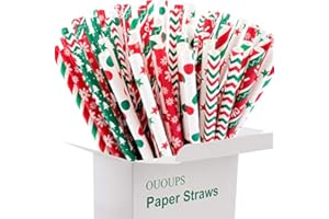 Ououps Biodegradable Paper Straws - 100-Pack, 7.75 Inches, Stripe, Red, Green, Dot, Bulk, Snow, Christmas & Thanksgiving