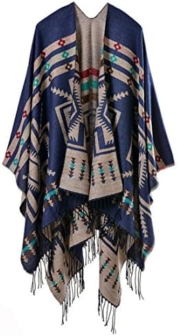 Benrisstore Women's Printed Tassel Warm Poncho Capes Cardigan Wrap ShawlWomen's Print Tassel Warm Poncho Capes Cardigan Wrap Shawl (Navy)