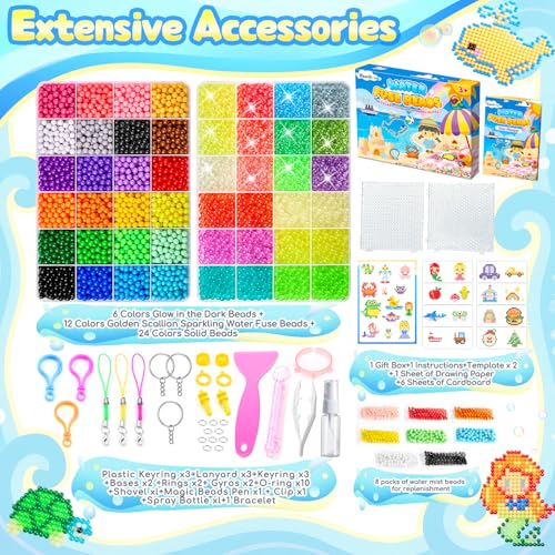 DazzBoom 5100+ Kids Water Beads, Set of 48 Large Grid Beads in Eight Colors, 42 Colors Fixed Water Mist Beads, 6 Colors Luminous Water Mist Beads, Water Beads
