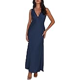 BAGONE Summer Satin Lace V Neck Backless Wedding Guest Maxi Dresses for Women Elegant Sleeveless Open Back Cocktail Dress