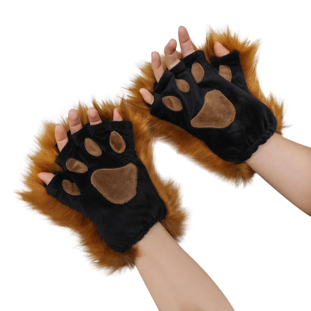 ITODA Furry Cat Paw Animal Gloves Cartoon Bear Paw Claw Glove Winter Warm Mitten Half Finger Gloves Hairy Hand Warmer Party Cosplay Costume Glove for Adult