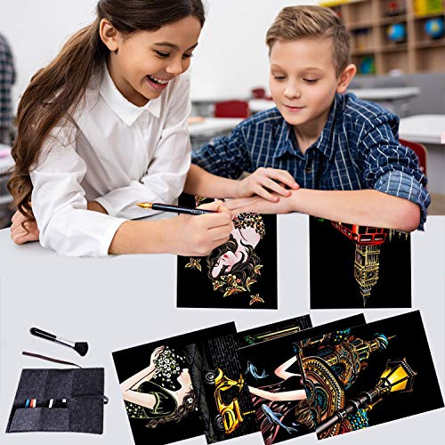 Scratch Paper Rainbow Scratch Art Paper Scratch Arts and Crafts for Adults and Kids DIY Art Craft Night View Painting Kits with 8 Sheets Scratch Cards & Scratch Drawing Pen (Girl&Street Corner)