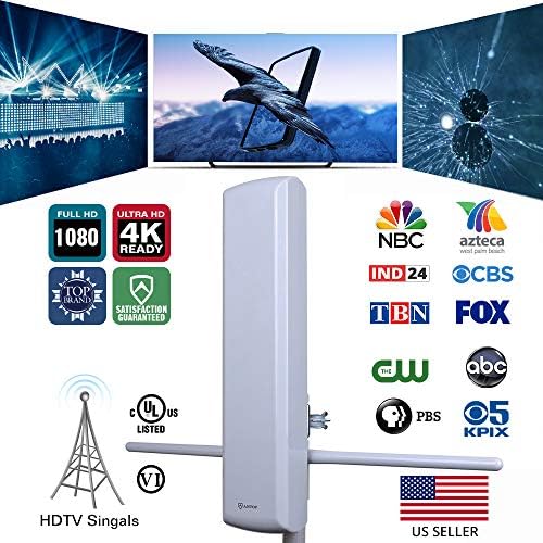 ANTOP Outdoor TV Antenna 60 Miles Long Range Multi Directional with Detachable rods for VHF/UHF Enhanced, 40Ft High Gain Coaxial Cable, Weather Resistant Flat-Panel HD Antenna Designed(Grey Color)