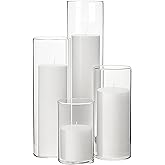 Shihanee Set of 4 White Pillar Candles and Glass Cylinder Vases 4 Sizes Clear Cylinder Candle Holders for Pillar Candles Home Table Centerpieces Decoration (2.6'' X 3.9'',5.9'',7.9'',9.8'')