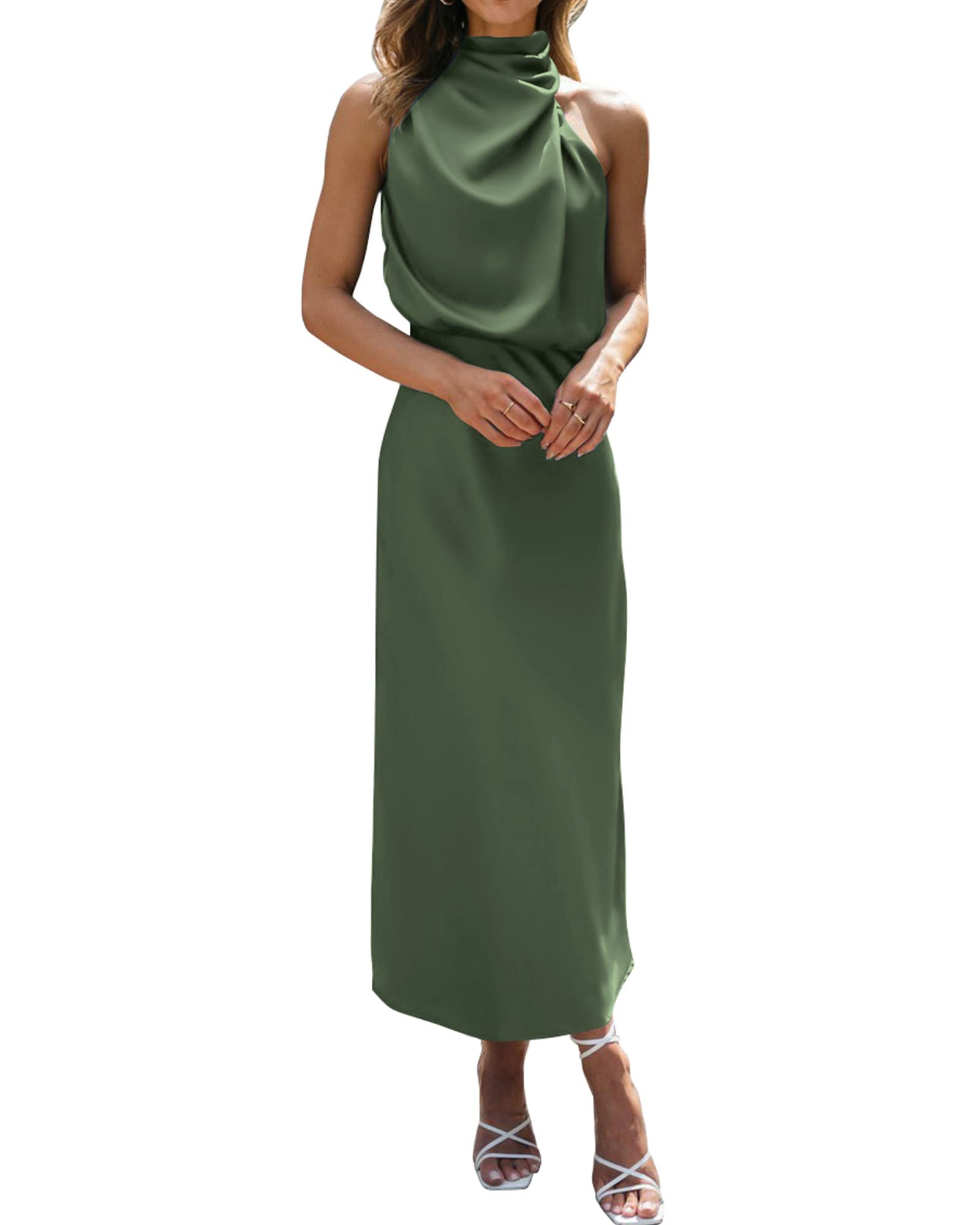 Photo 1 of BTFBM Women Sleeveless Cocktail Dresses Fall Mock Neck Keyhole Elastic High Waist Evening Party Maxi Wedding Guest Dress(Army Green, Medium)