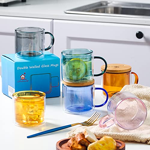 Farbe doppelwandige Gläser mit Griff und Deckel (275ml), Candiicap Thermogläser für Heißes & Kaltes Getränk, Kaffeegläser für Latte, Macchiato, Cappuccino, Cocktail, Tee