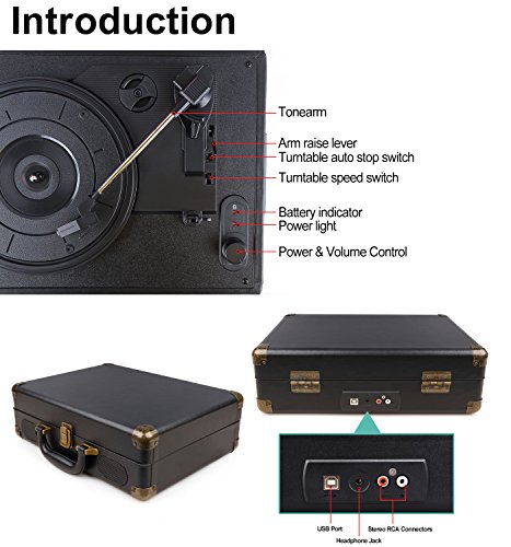 GOODNEW Vinyl Record Player Turntable, 3-Speed Portable Stereo Turntable with Built in Speakers,Support Headphone & RCA Output and AUX Input Jack (Small one, red)