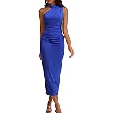 DRESSTELLS Women's Formal Wedding Guest One Shoulder Mesh Ruched Bodycon Cocktail Party Slit Maxi Dresses