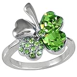 Four Leaf Clover Heart Shaped Swarovski Elements Crystal Rhodium Plated Ring (Green)