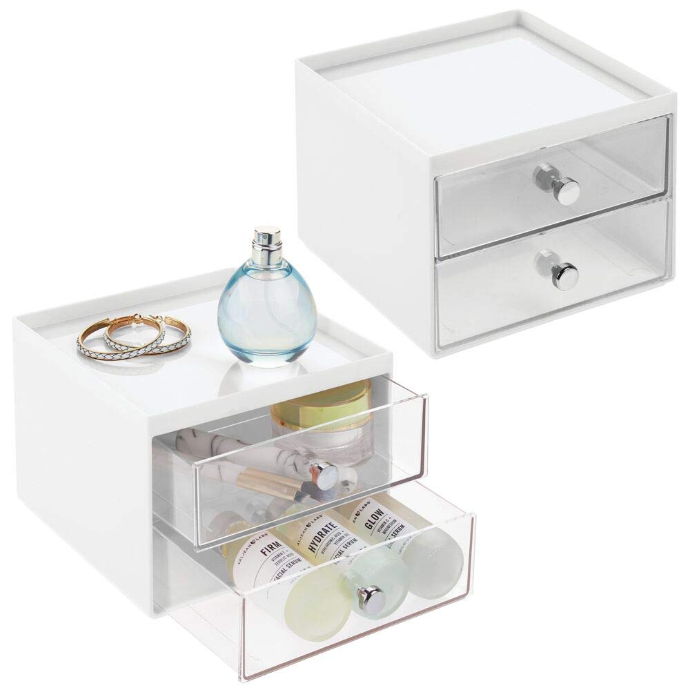mDesign Plastic Makeup Organizer Storage Station Cube with 2 Drawers for Bathroom Vanity, Cabinet, Countertops - Holds Lip Gloss, Eyeshadow Palettes, Brushes, Blush, Mascara - 2 Pack - White/Clear